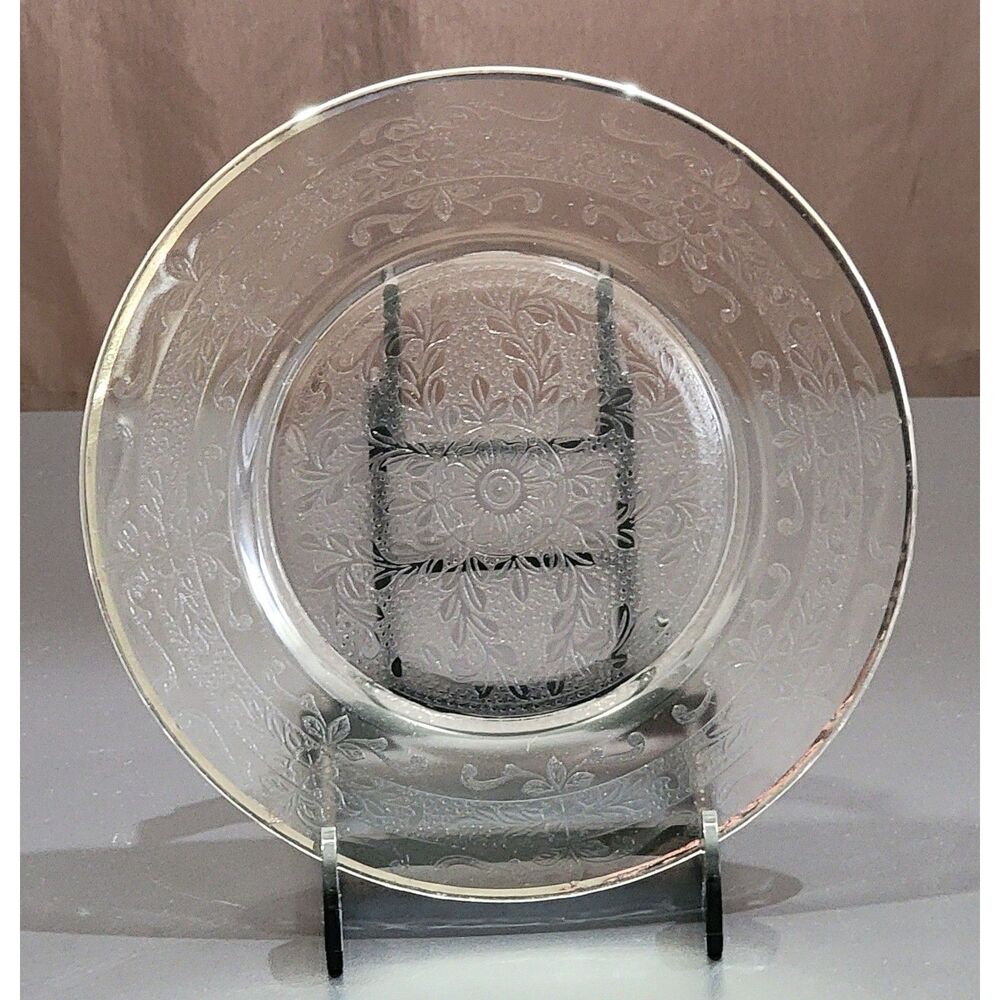 Vintage Macbeth-Evans Stippled Rose Band Depression Glass Plate Silver Rim-8in